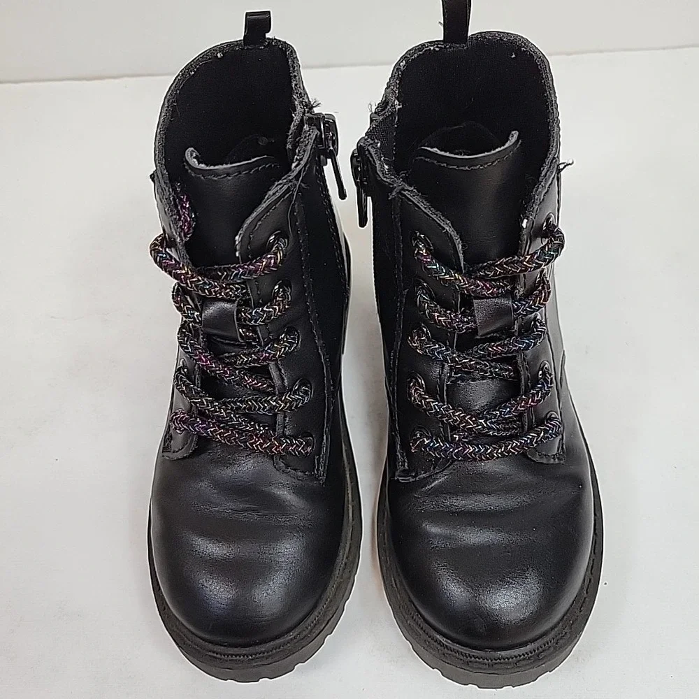 Girls Youth Black Combat Boots Side Zip Rainbow Laces Chunky Lug Size 8 COMFY